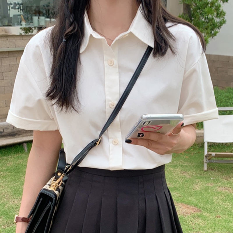 IELGY  Áo Sơ Mi Tay Ngắn Màu Trơn Thời Trang Cao Cấp Cho Nữ