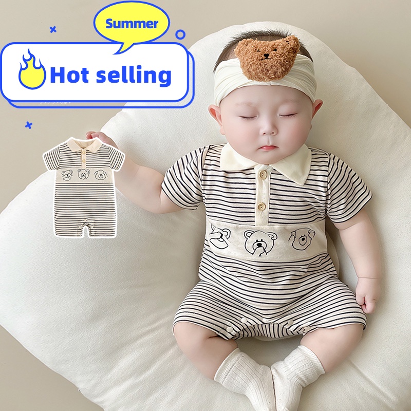 Áo Liền Quần Tay Ngắn Kẻ Sọc Thời Trang Mùa Hè Cho Bé Sơ Sinh