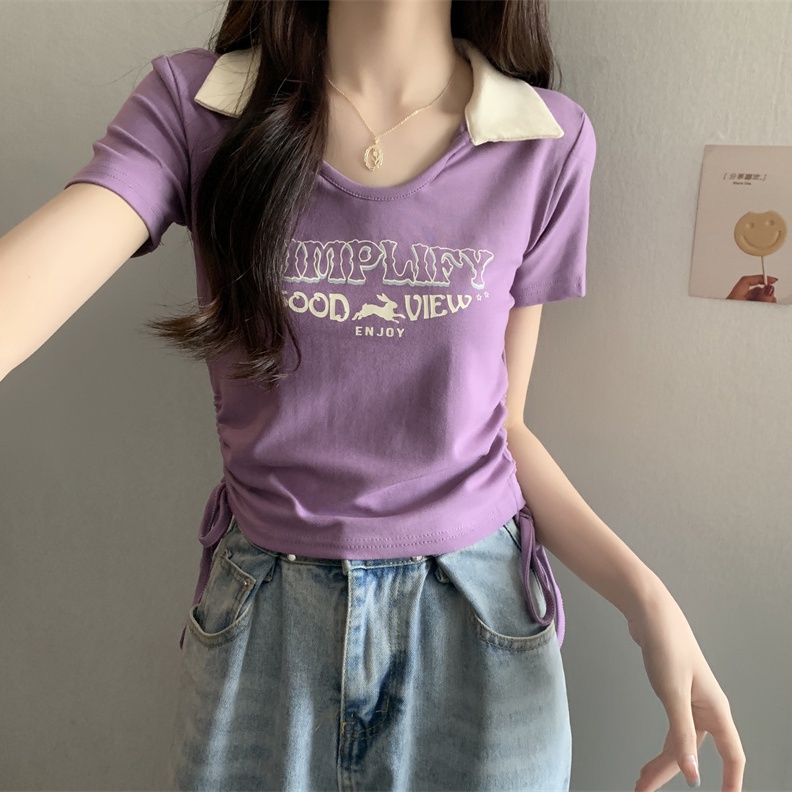 COZOK Áo Thun Ngắn Tay Dáng Ôm Phối Dây Rút In Chữ Cá Tính