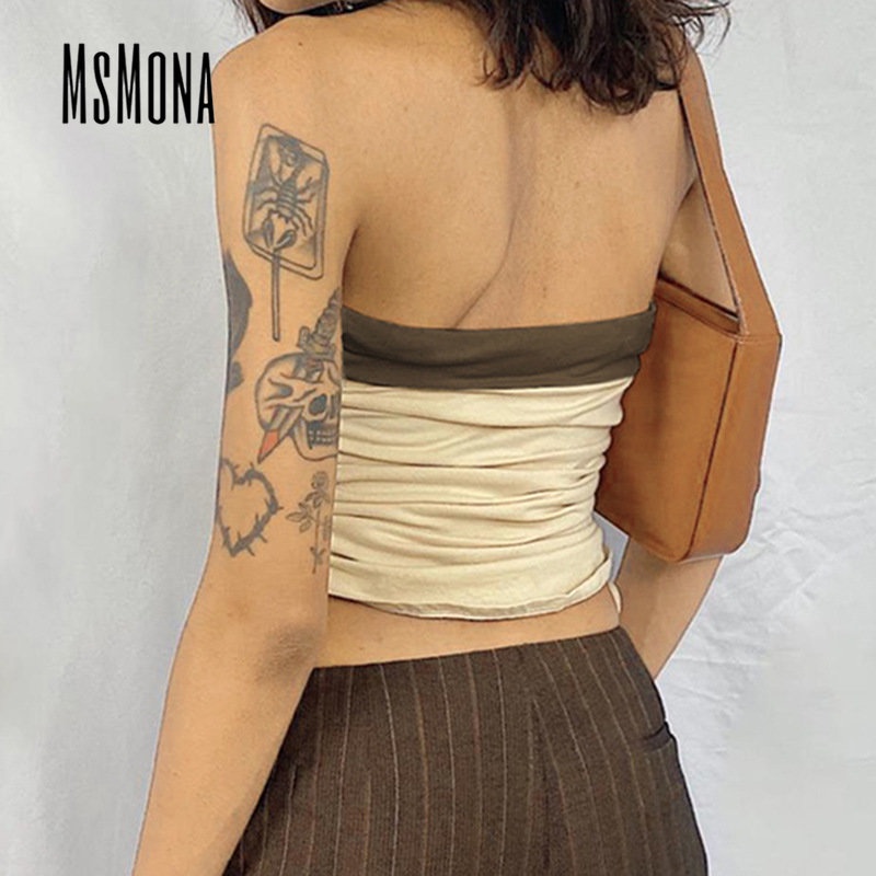 MsMona Áo Ống Mỏng Vừa Vặn Hở Vai In Chữ Màu Tương Phản Thời Trang 2023 Cho Nữ
