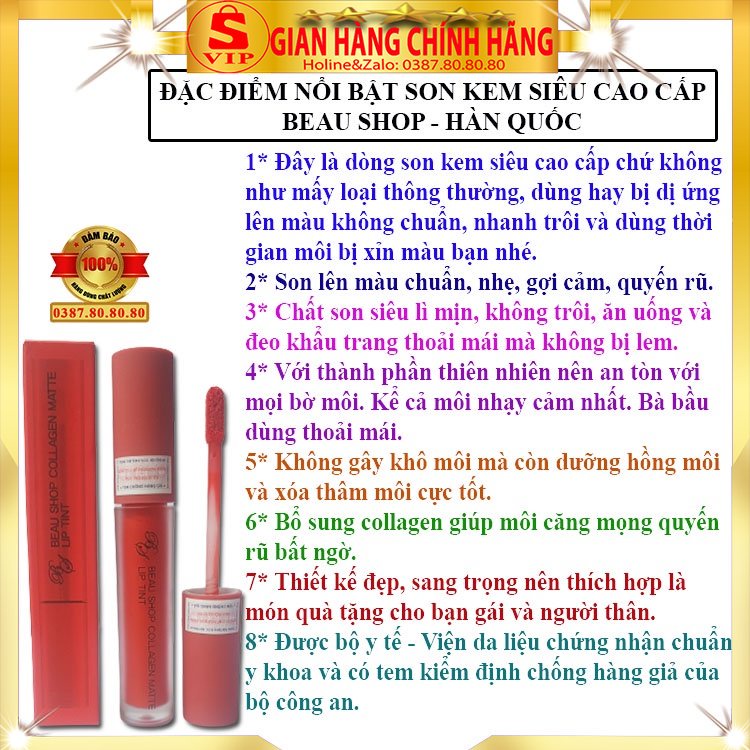 Son kem siêu lì không trôi hàn quốc cao cấp chính hãng Beau Shop collagen matte liptint Son lì lâu trôi khi ăn uống nước