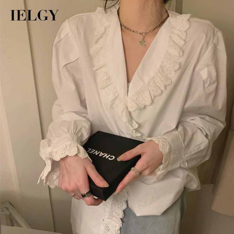 IELGY   Áo Sơ Mi Tay Dài Phối Ren Thời Trang Dành Cho Nữ
