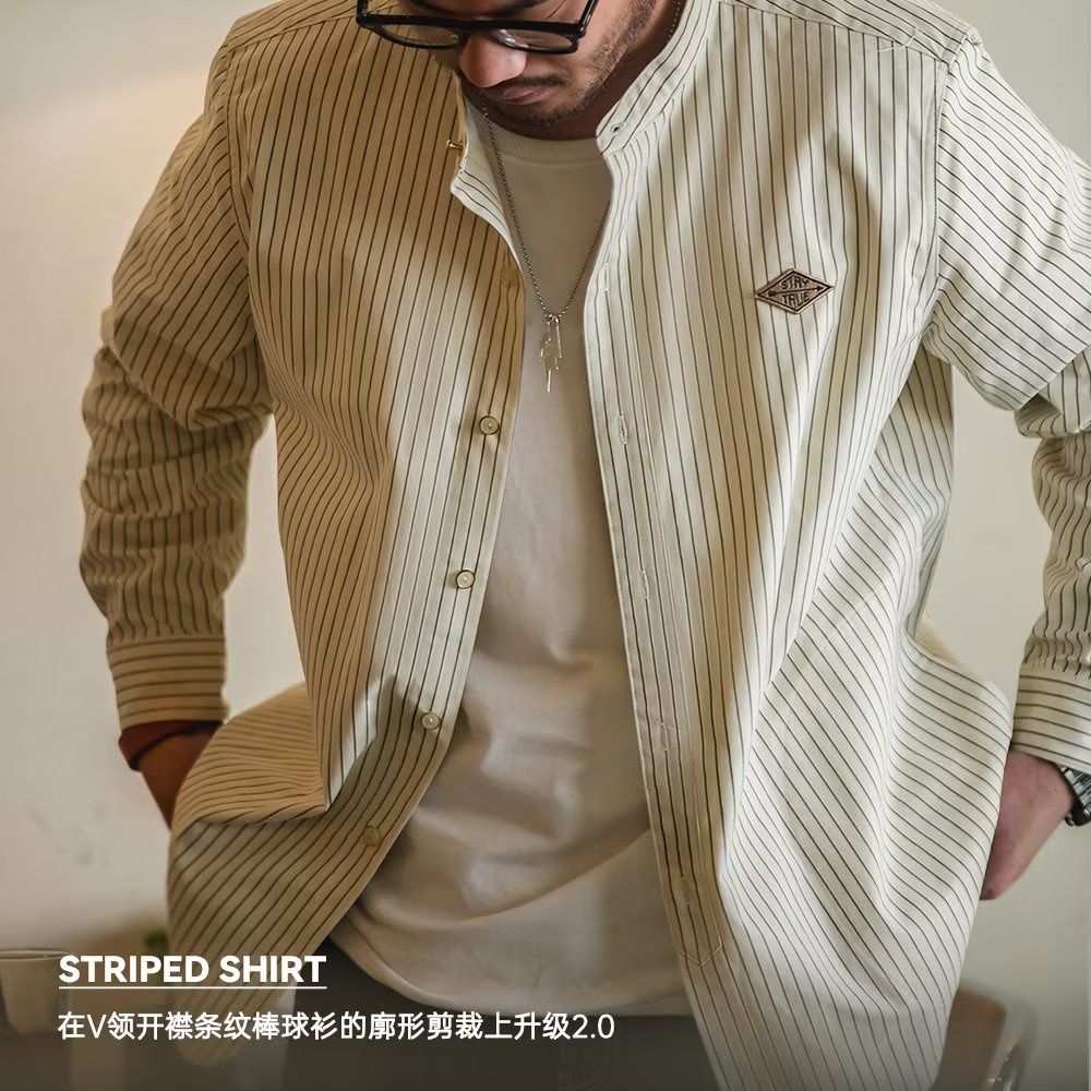 Áo Sơ Mi Nữ Dài Tay Cổ Đứng Form Rộng Họa Tiết Kẻ Sọc Phong Cách Retro Nhật Bản