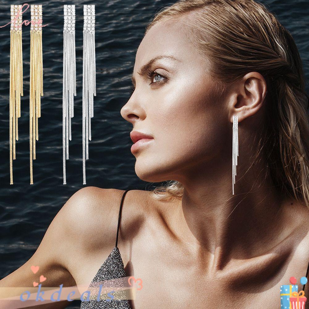 Bông Tai OKDEALS Quà Tặng|Bông Tai Dáng Dài Đính Đá Sang Trọng Cho Cô Dâu