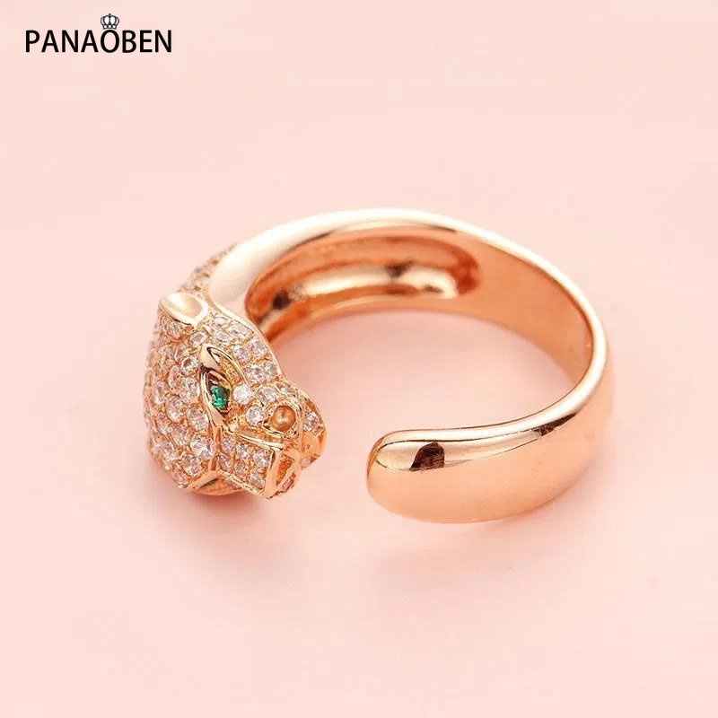 ♥ Nhẫn Mạ Vàng Hồng 14k 585 Đính Kim Cương Hình Đầu Báo Thời Trang Cao Cấp Cho Nữ