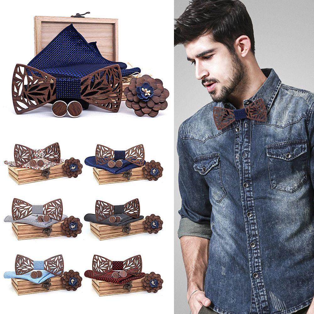 Bộ Khăn Tay + Cà Vạt Nơ Bằng Gỗ Thiết Kế Đơn Giản Sáng Tạo Cho Chú Rể