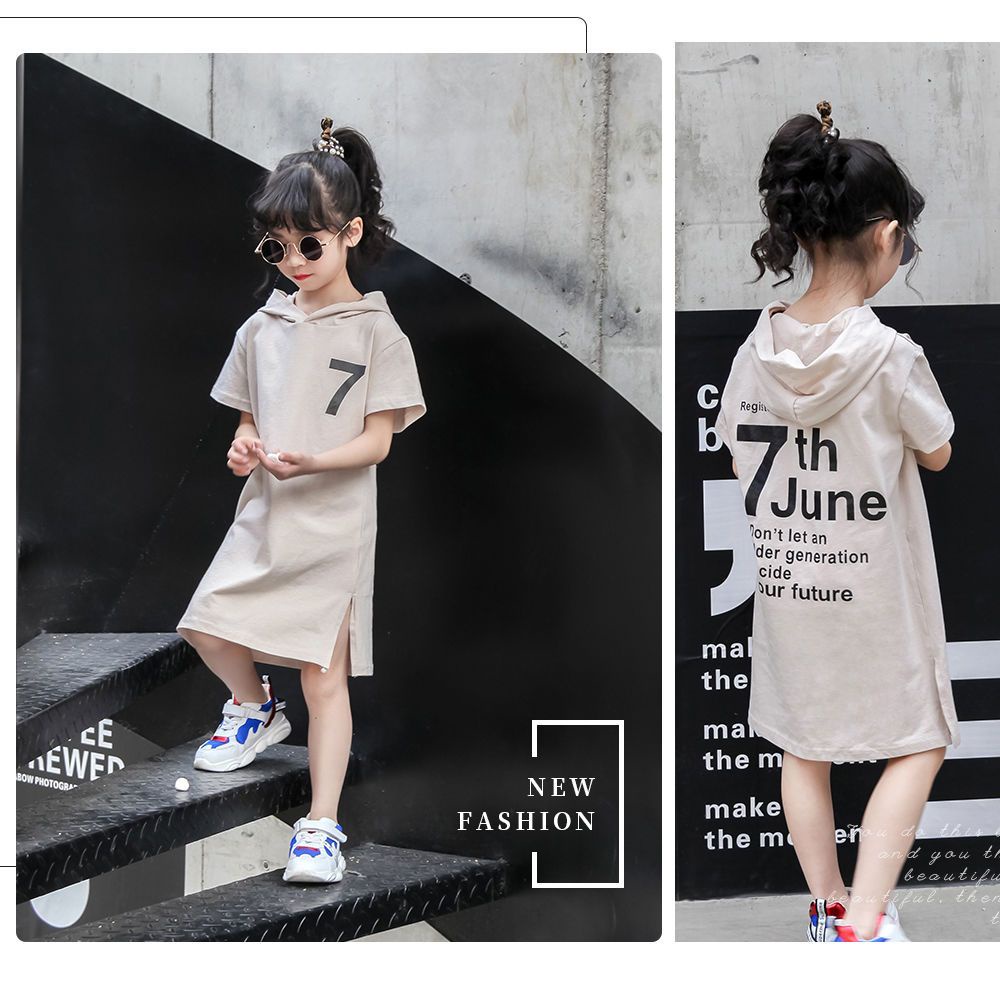 Đầm Thun Cotton Thuần Khiết Ngắn Tay Vừa Vặn Mùa Hè Phong Cách Anh Quốc Cỡ Lớn Có Mũ Trùm Đầu Cho Bé Gái