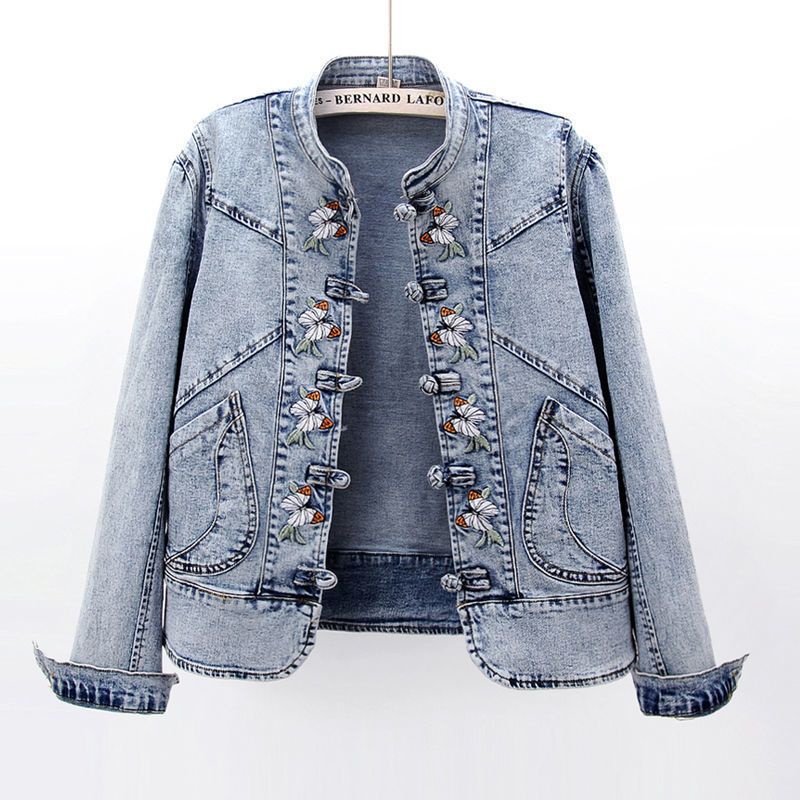 Áo Khoác Denim Dáng Ngắn Ôm Sát Thêu Họa Tiết Thổ Cẩm Kiểu Hàn Quốc Thời Trang Xuân Thu Cho Nữ