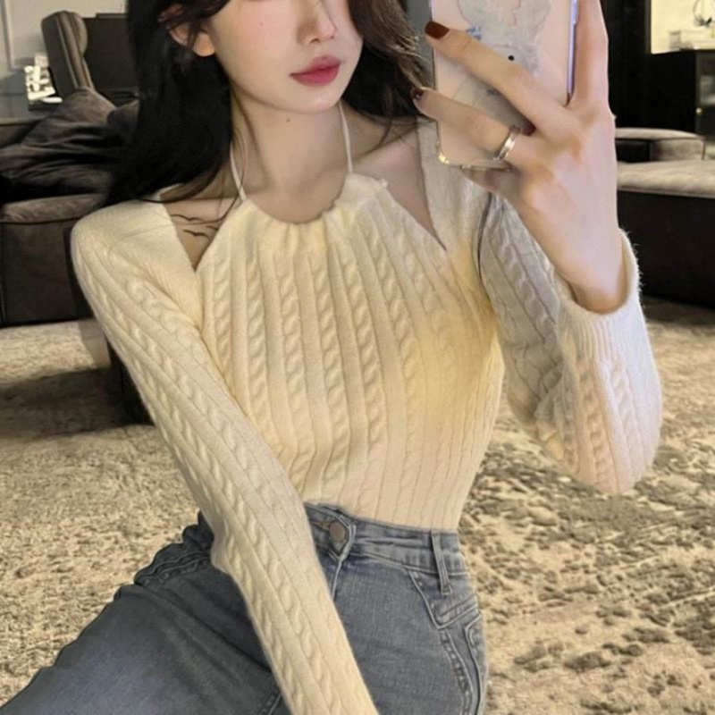 Áo Sweater Dệt Kim Trễ Vai Dáng Ôm Màu Trắng Thời Trang Quyến Rũ Cho Nữ