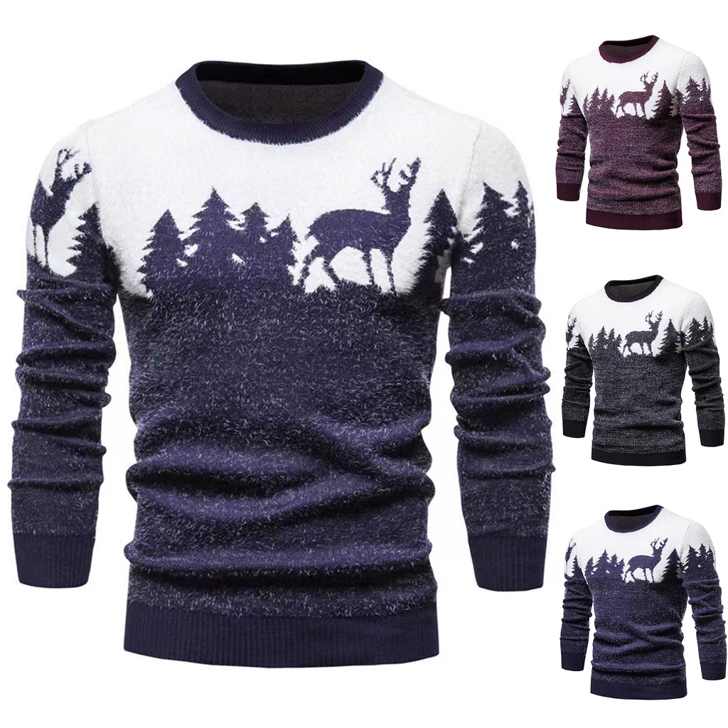 Áo Sweater Dệt Kim Tay Dài Cổ Tròn In Họa Tiết Cây Thông Giáng Sinh Thời Trang Thu Đông Cho Nam