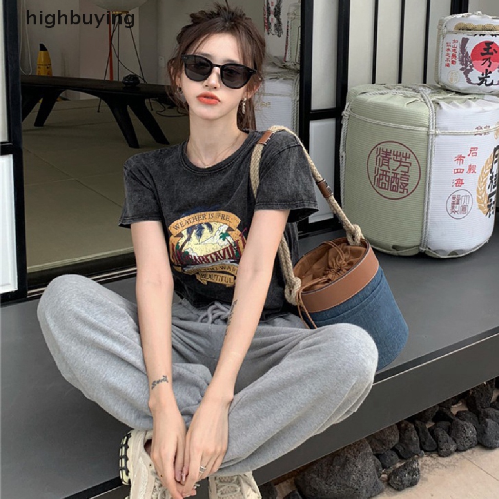 Áo Thun Croptop Tay Ngắn Cổ Tròn Dáng Rộng In Họa Tiết Kiểu Retro Mỹ Xinh Xắn Cho Nữ