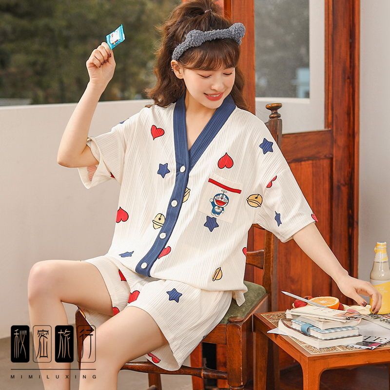 Bộ Đồ Ngủ Cotton Tay Ngắn Dáng Rộng In Hình Doraemon Thời Trang Mùa Hè Cho Nữ