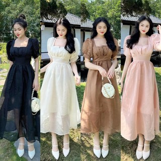 [Ảnh thật] Đầm tơ cổ vuông tay bồng có dây chỉnh eo mã MB37