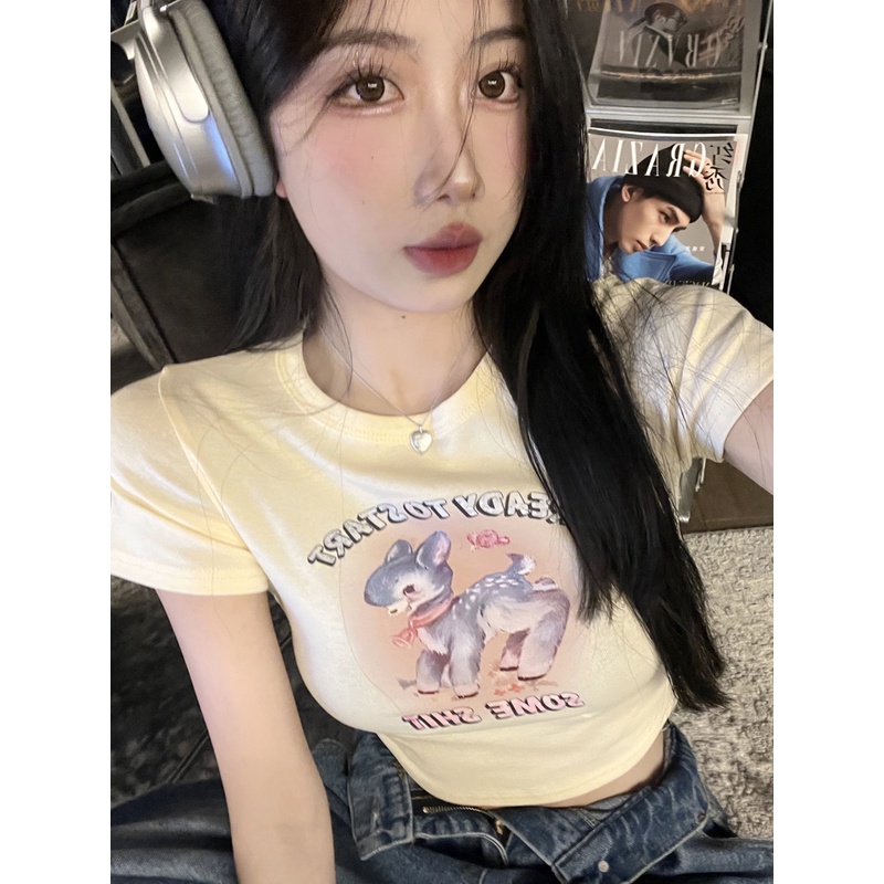 Porozi Áo Thun Croptop Tay Ngắn In Hình Chú Hũ Gia Vị Ngọt Ngào Thời Trang Mùa Hè Cho Nữ