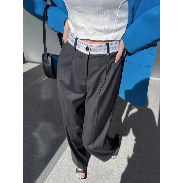 Alexander Wang 2023 early spring new high waist ribbon letter logo elastic casual suit pants for women