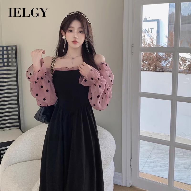 IELGY  Đầm Tay Dài Phối Lưới Dáng Ôm Phong Cách retro Pháp Thanh Lịch Dành Cho Nữ