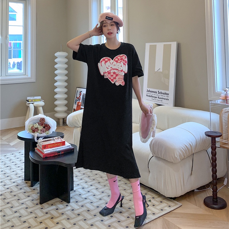 IELGY     xiaoxiang Đầm Dáng Suông Rộng Màu Đen In Họa Tiết Cổ Điển Cho Nữ