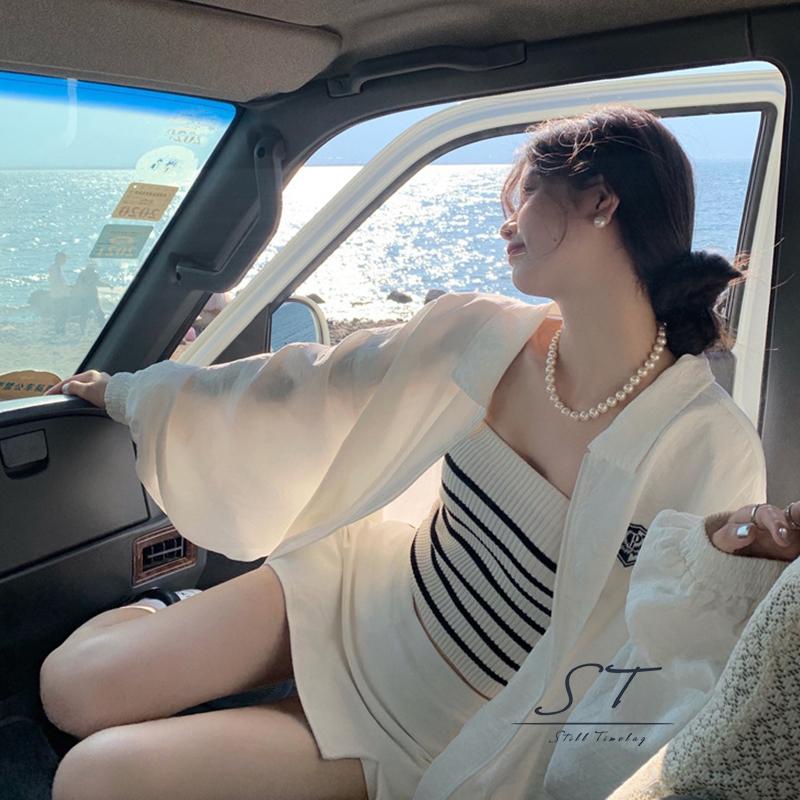 Áo Tank Top Hai Dây Dệt Kim Mỏng Họa Tiết Kẻ Sọc Ngang Cho Nữ CY03