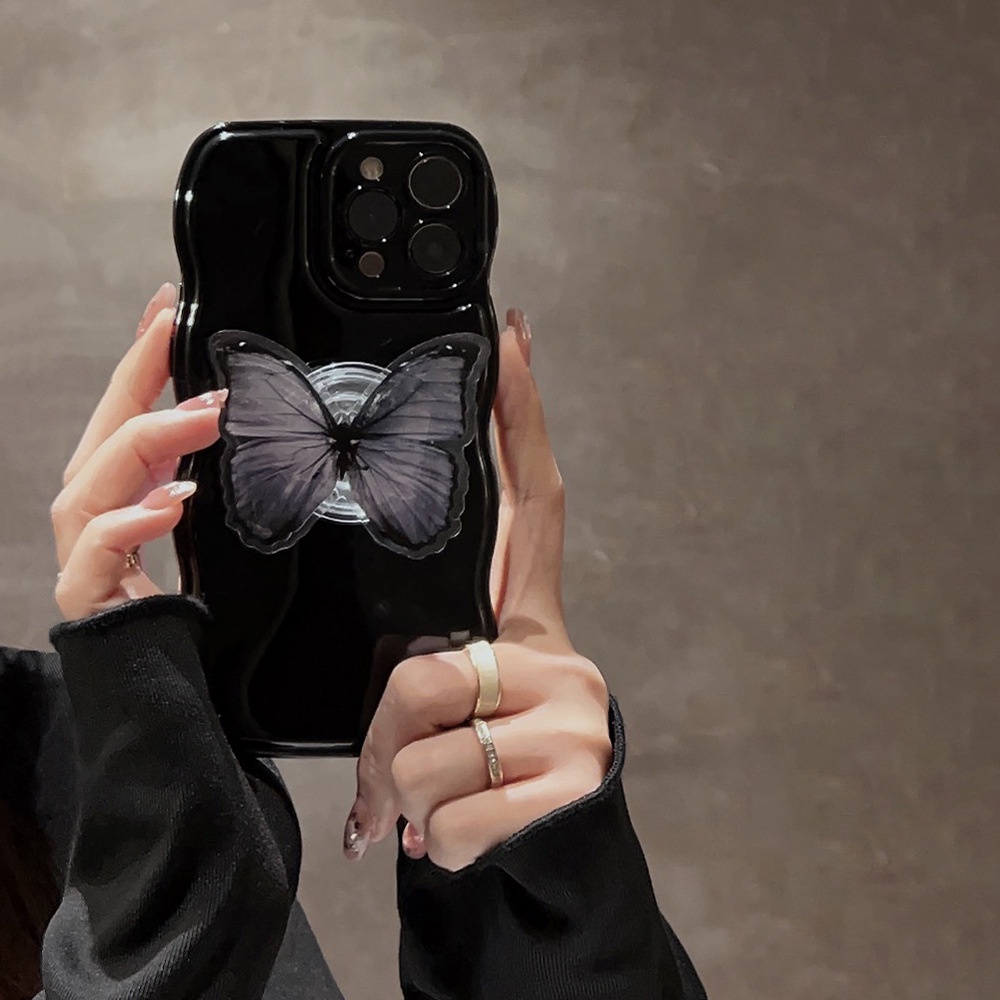 Ốp Điện Thoại Silicon Viền Đen Họa Tiết Bươm Bướm Đơn Giản Kèm Giá Đỡ Cho Iphone 14 11 12 13 PRO MAX AT0060