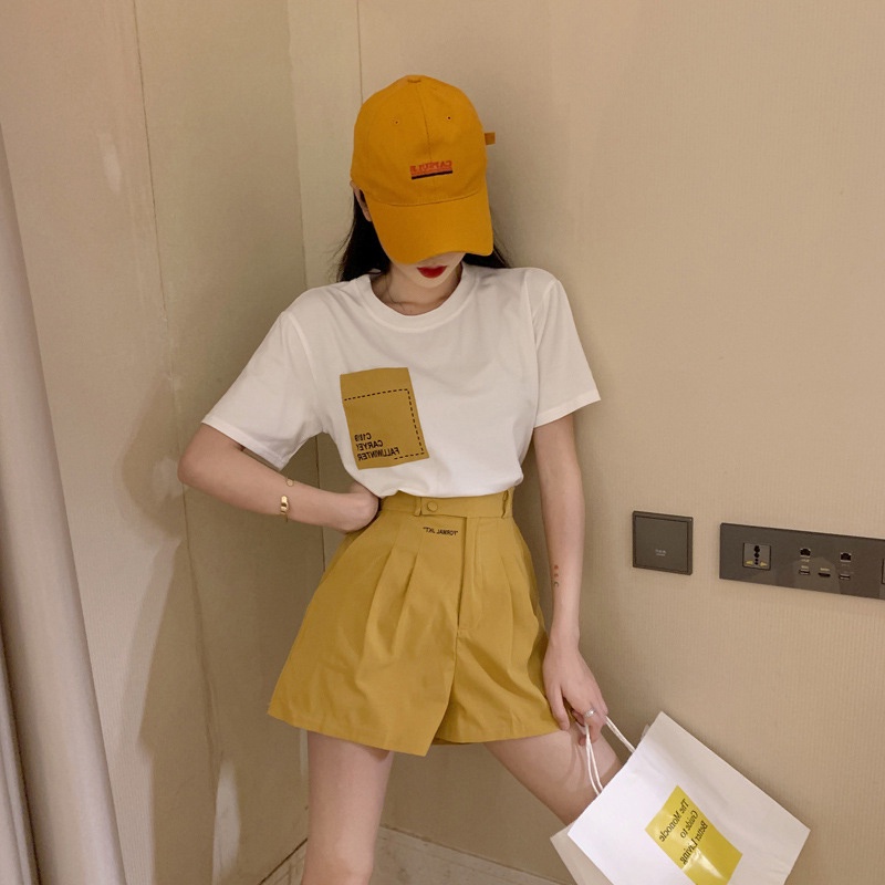 IELGY Set Áo Thun Ngắn Tay + Quần short Lưng Cao Thời Trang Nữ