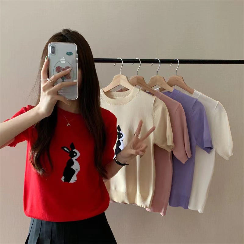 Áo Thun Tay Ngắn Cổ Tròn In Họa Tiết Thỏ Dễ Thương Thời Trang Mùa Hè Cho Nữ