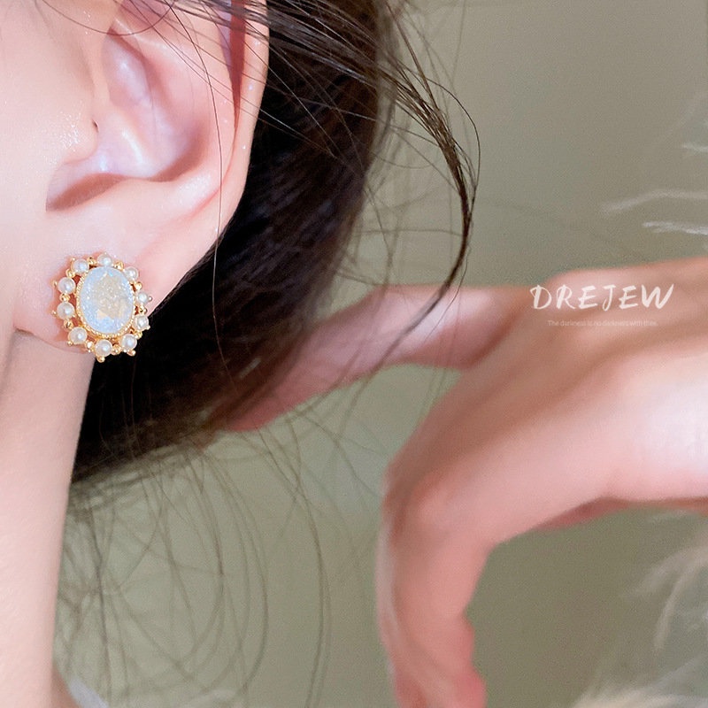 DREJEW Bông Tai Mạ Bạc Hình Oval Đính Ngọc Trai Thời Trang Cho Nữ