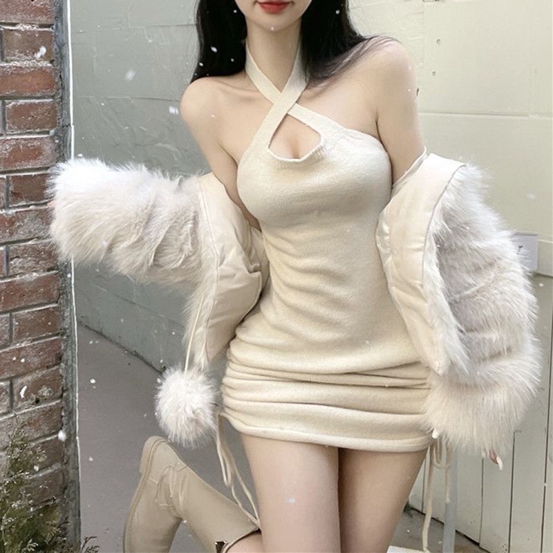 IELGY   Đầm Ngắn Cổ Yếm Rút Dây Thời Trang Mùa Hè Quyến Rũ Cho Nữ