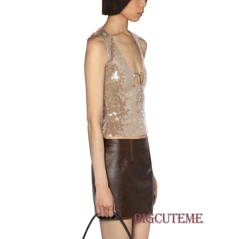 Áo Tank Top Sát Nách Màu Trơn Đính Kim Sa Lấp Lánh Phối Dây Rút Cá Tính Cho Nữ