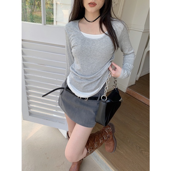 COZOK Áo Thun Tay Dài Dáng Ôm Chắp Vá Thời Trang Và Độc Đáo