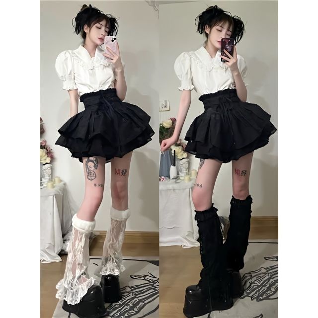 Bộ Áo Miniskirt 2023 Váy Chữ a Thắt Nơ + Chân Váy Lưng Cao Màu Trắng Phong Cách Punk Niche P8RL
