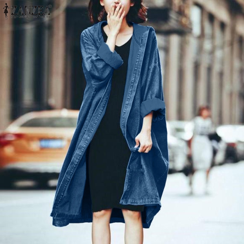 Áo khoác denim ZANZEA tay dài có mũ trùm đầu và túi thời trang dành cho nữ