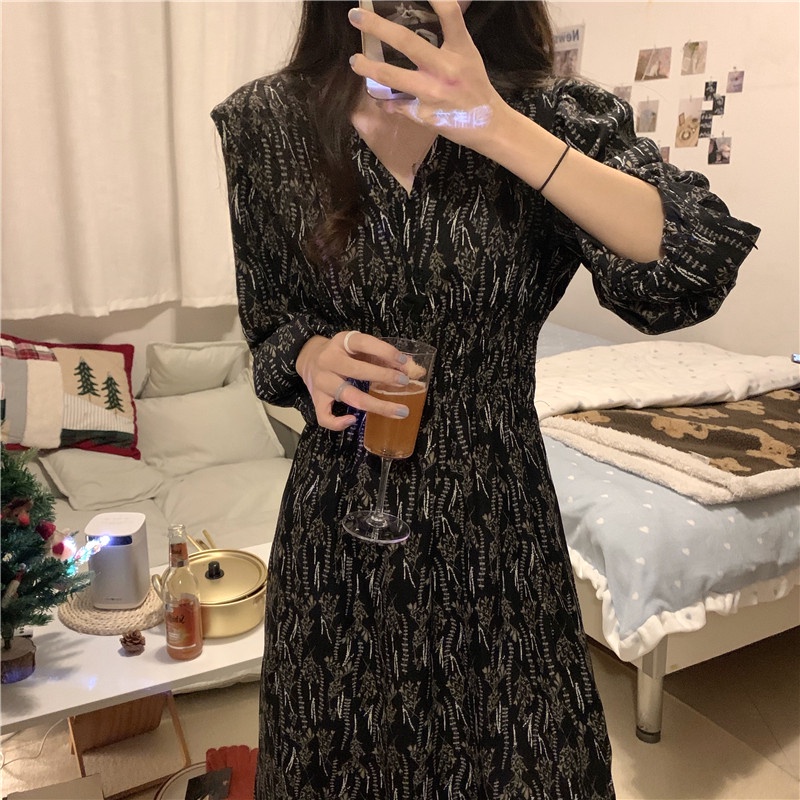 IELGY   Đầm Hoa Cổ Chữ v Chiết Eo Phong Cách Pháp Thanh Lịch Cho Nữ