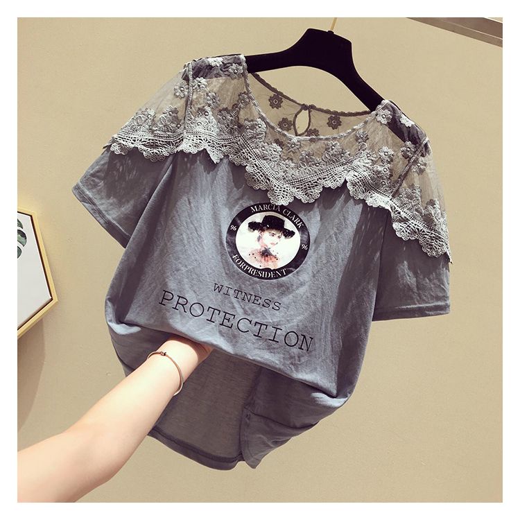 Áo Thun Tay Ngắn Phối Ren Đính Hạt Thời Trang Hàn Quốc 2023 Cho Nữ