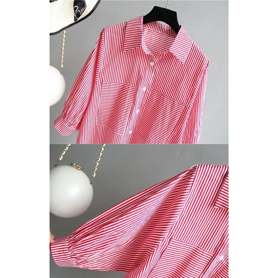 Áo Sơ Mi Tay Lửng Họa Tiết Kẻ Sọc Phong Cách Hàn Quốc Dành Cho Nữ