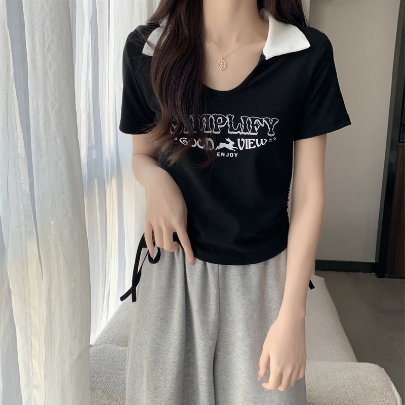 COZOK Áo Thun Ngắn Tay Dáng Ôm Phối Dây Rút In Chữ Cá Tính