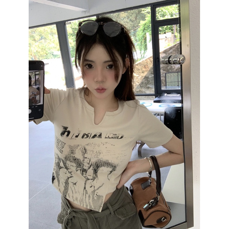 Áo Thun Ngắn Tay Phong Cách Retro Mỹ 2023 Cho Nữ