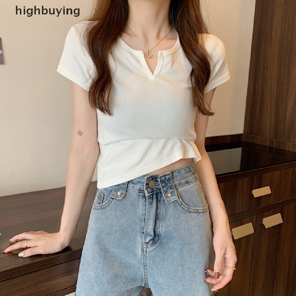 Áo Thun Lửng Tay Ngắn Cổ Chữ V Màu Sắc Đơn Giản Cho Nữ