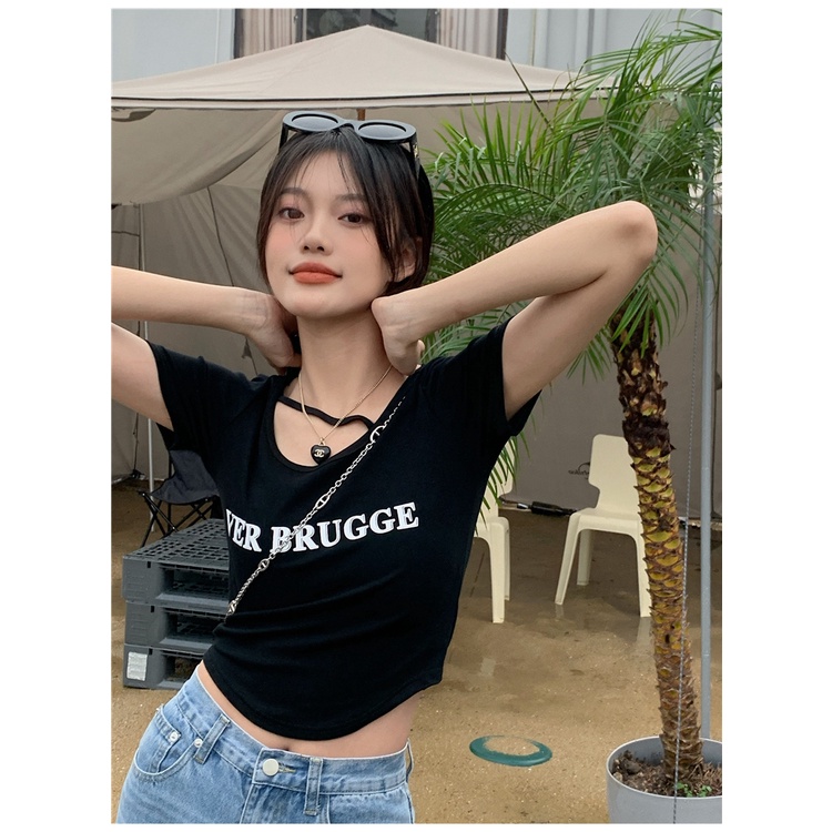 Áo Thun Ngắn Mỏng Mùa Hè In Họa Tiết Chữ Hở Cổ Cho Nữ