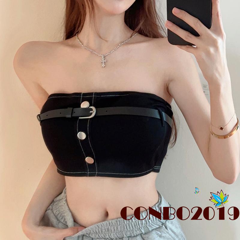 Áo Croptop Không Dây Dáng Ôm Cài Nút Kim Loại Phía Trước Thời Trang Cho Nữ