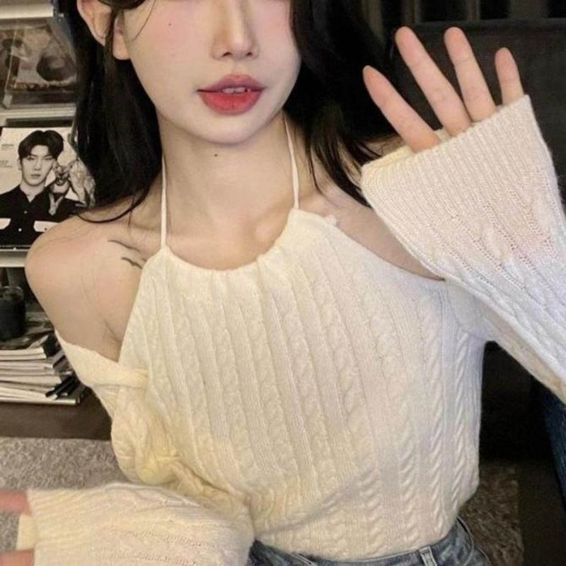 Áo Sweater Dệt Kim Trễ Vai Dáng Ôm Màu Trắng Thời Trang Quyến Rũ Cho Nữ