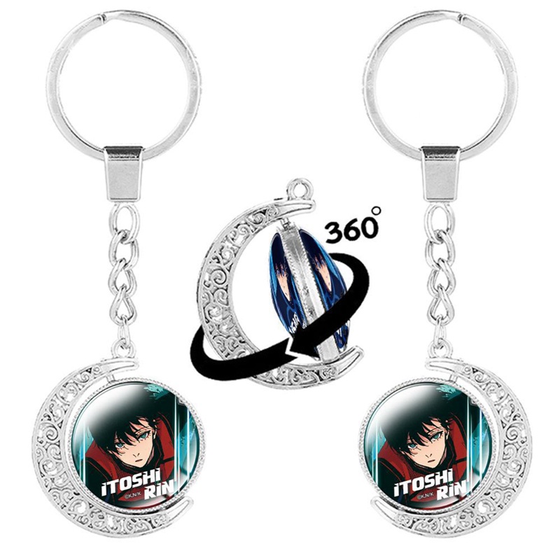 Móc Khóa Xoay Hai Mặt Đính Đá Quý Màu Xanh Dương Hình Anime