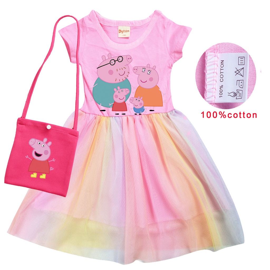 Set Đầm Xòe + Túi Cotton Tay Ngắn Họa Tiết Hoạt Hình Peppa Cho Bé Gái