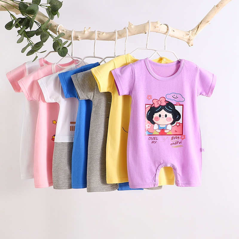 Bộ Áo Liền Quần Bằng Cotton Tay Ngắn In Hoạt Hình Dễ Thương Thoải Mái Thời Trang Mùa Hè Cho Bé Sơ Sinh