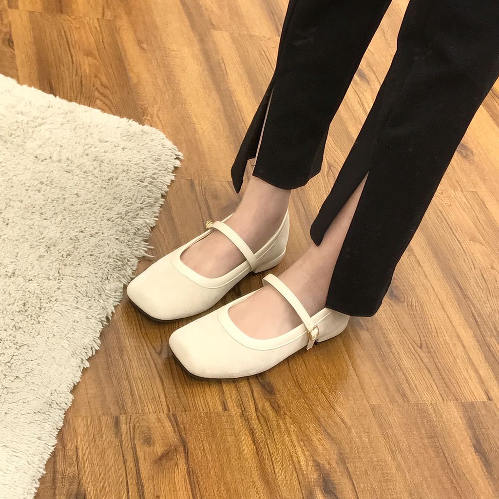 Giày Búp Bê Mary Jane Da Lộn Mũi Vuông Đế Bằng Phong Cách Retro Thời Trang 2023 Mới Cho Nữ