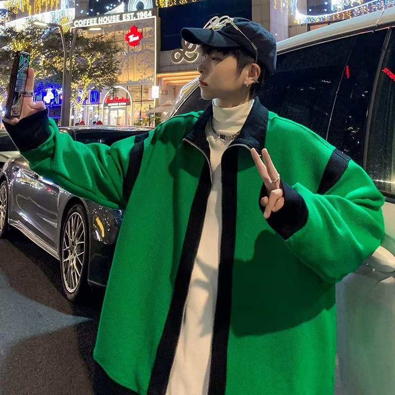 Áo Khoác Dệt Kim Dáng Rộng Phối Khóa Kéo Đôi Màu Sắc Trẻ Trung Phong Cách Hàn Quốc Cho Nam