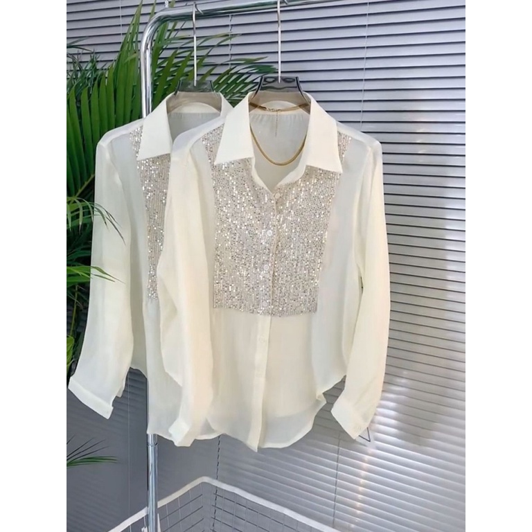 Áo Sơ Mi Chiffon Tay Dài Đính Kim Sa Lấp Lánh Phong Cách Pháp Thiết Kế Mới 2023 Cho Nữ