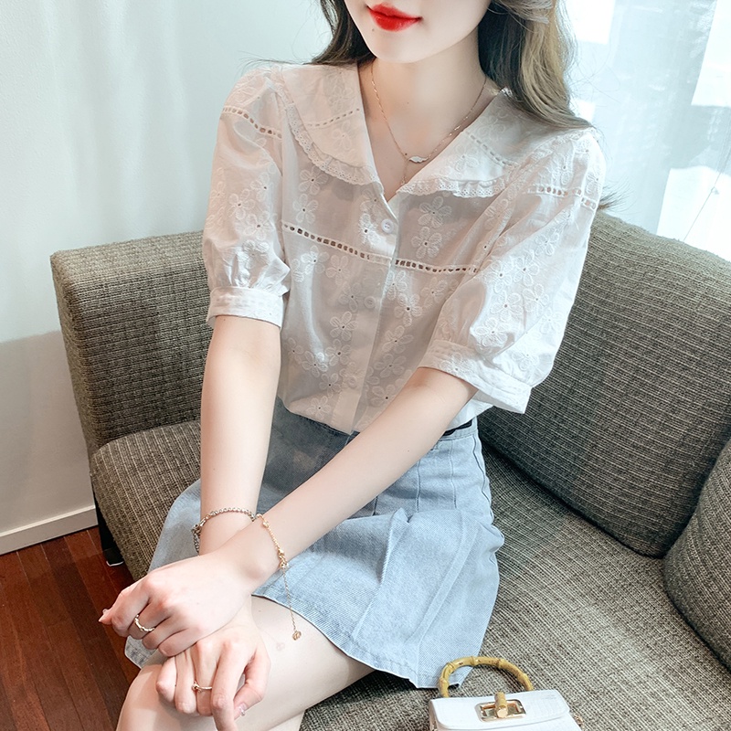 Áo sơ mi chiffon MULTIPLICATION tay ngắn cổ búp bê phối ren thêu họa tiết thời trang mùa hè kiểu mới 2023