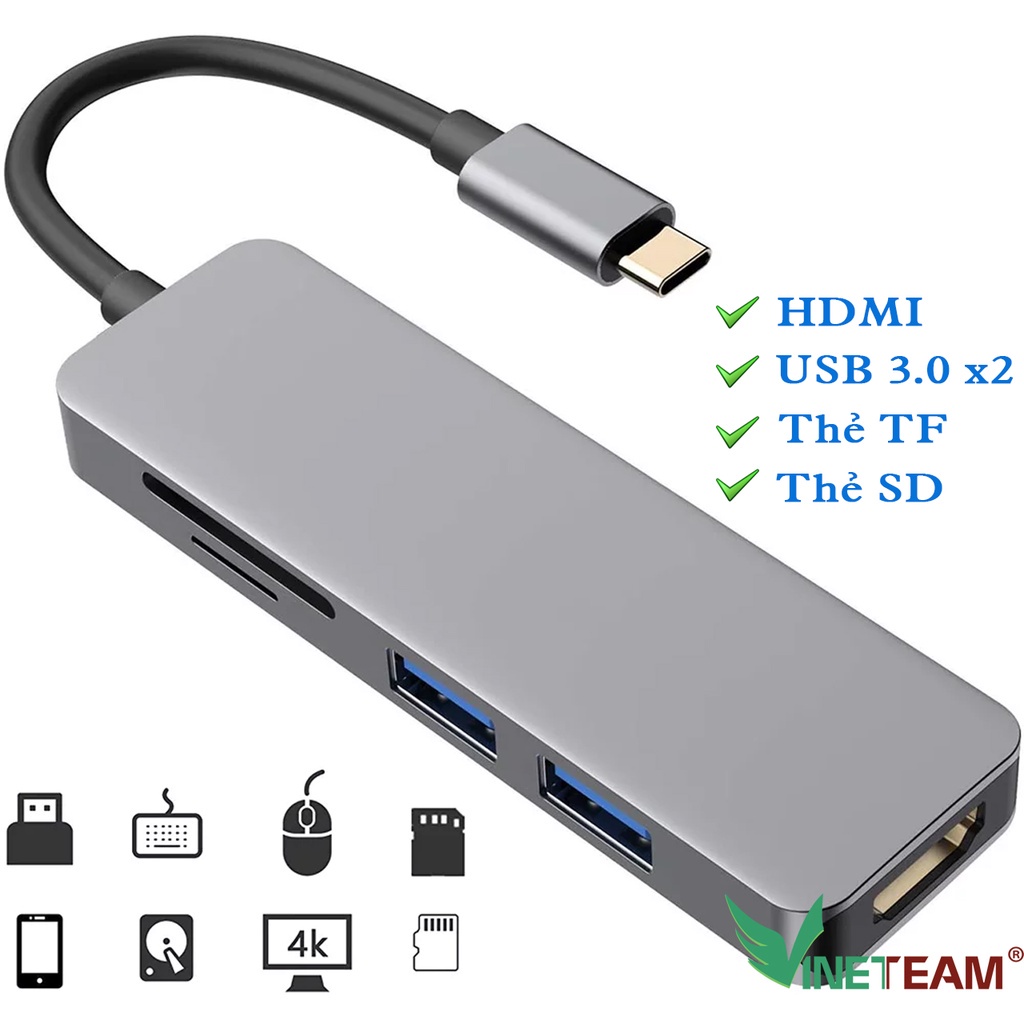 Cáp chuyển đổi từ TypeC sang HDMI 5 IN 1 Vinetteam USB 3.0 đầu đọc thẻ nhớ Type-c to HDMI hub typec -dc4978