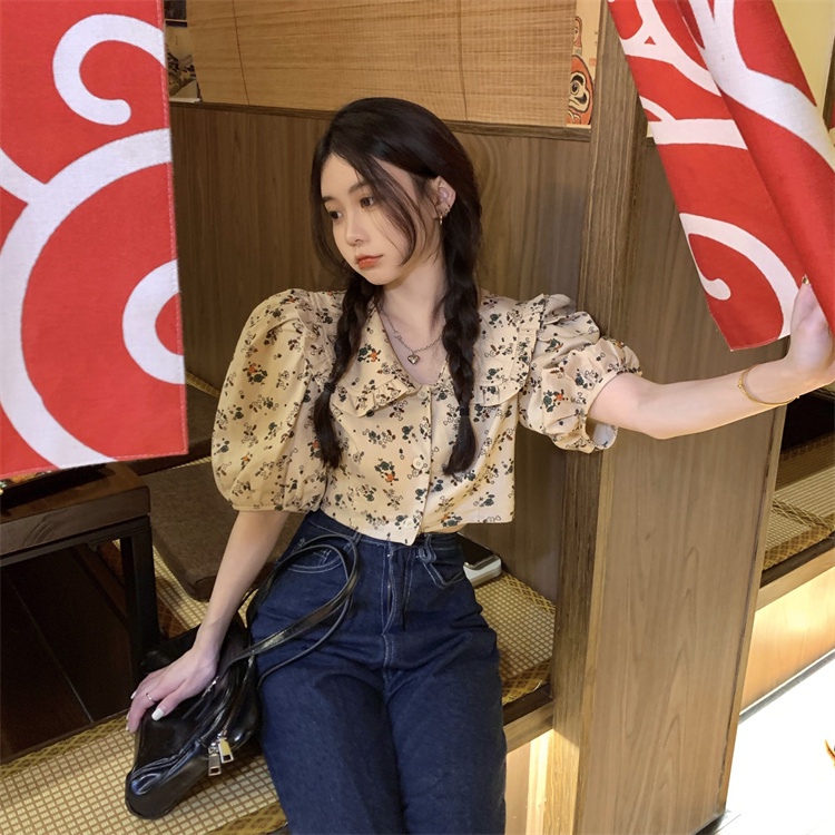 IELGY   niche Áo Sơ Mi Ngắn In Hoa Phong Cách Nước Ngoài Ngọt Ngào Cho Nữ