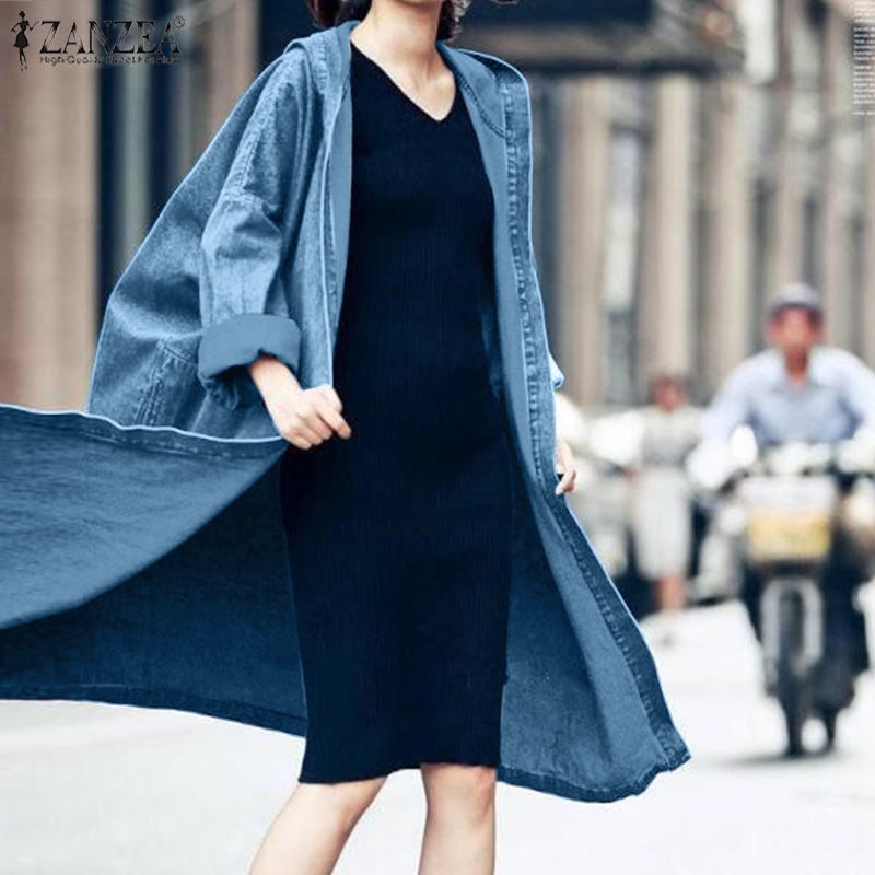 Áo khoác denim ZANZEA tay dài có mũ trùm đầu và túi thời trang dành cho nữ